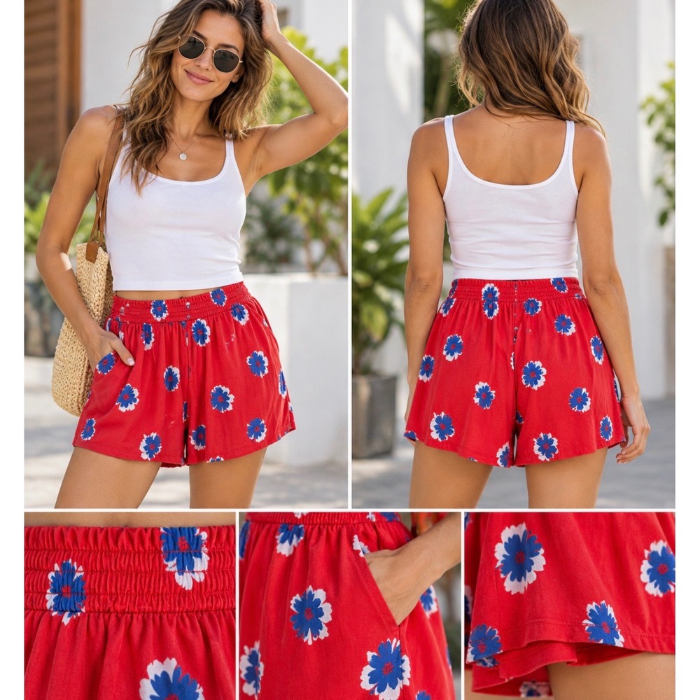 Draper James Red Floral Smocked Waist Shorts Plus Size 1X SHK0005P